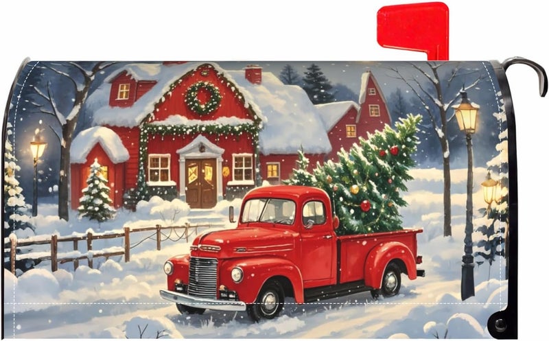 Aytipun Christmas Mailbox Covers Magnetic Standard Size Red Truck House Xmas Winter Scene Mailbox Wraps Holiday Themed Outdoor Decorative Letter Box Cases for Home Garden Outside Decor, 21x18 Inch - Image 1